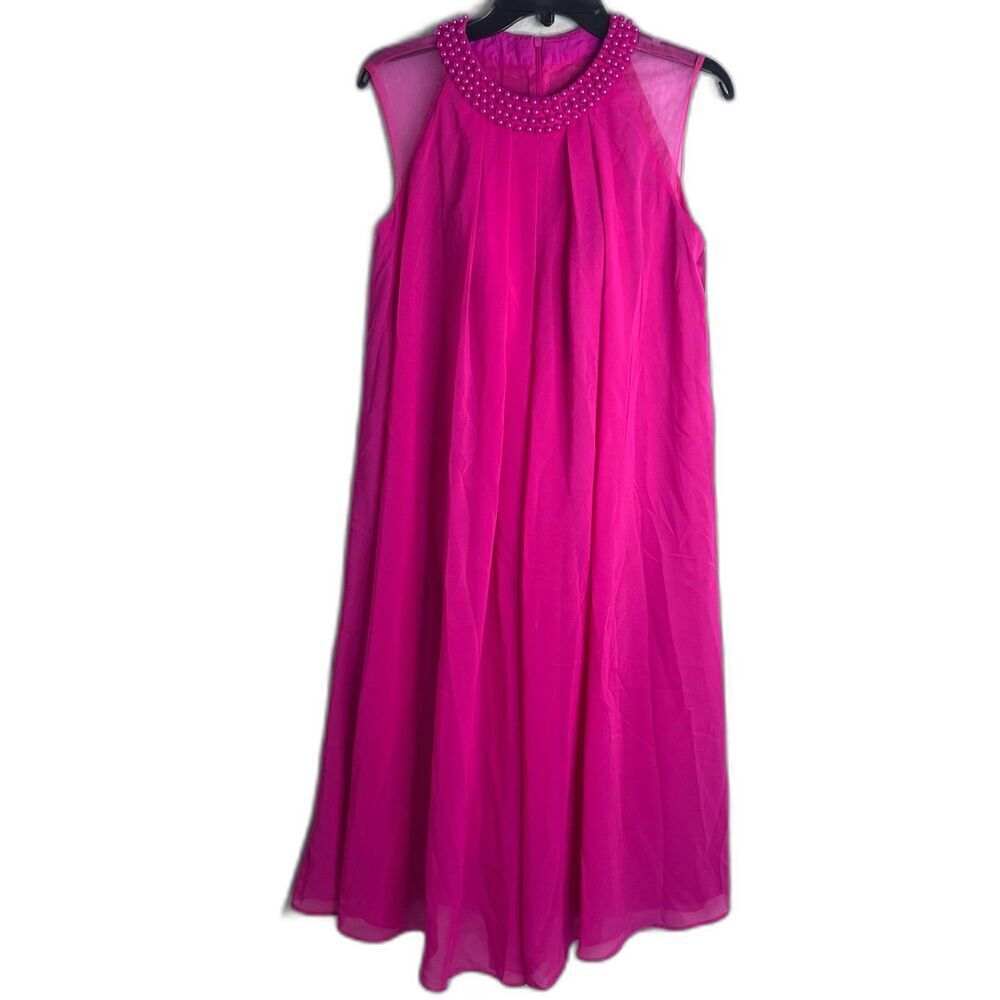 LT Lan Ting NWT Hot Pink Pearl Collar Aline Chiffon Overlay‎ Midi Dress Sz SM